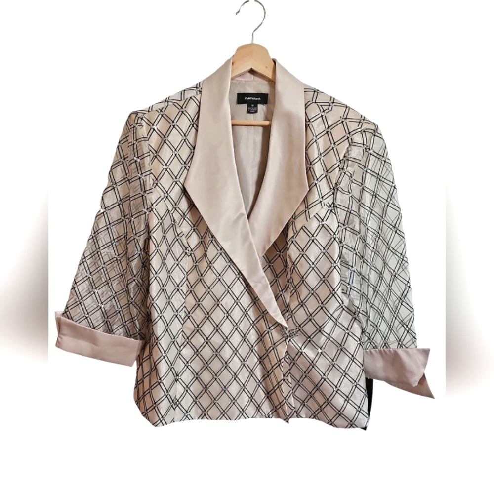 R&M Richards Beige Satin Blazer Womens 18 Vintage Glam Diamond Pattern 80s Chic - Picture 2 of 8